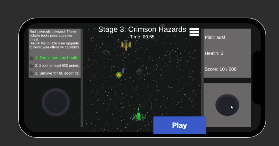 Starship gameplay showing the player ship, objectives, enemies, score, and mobile controls